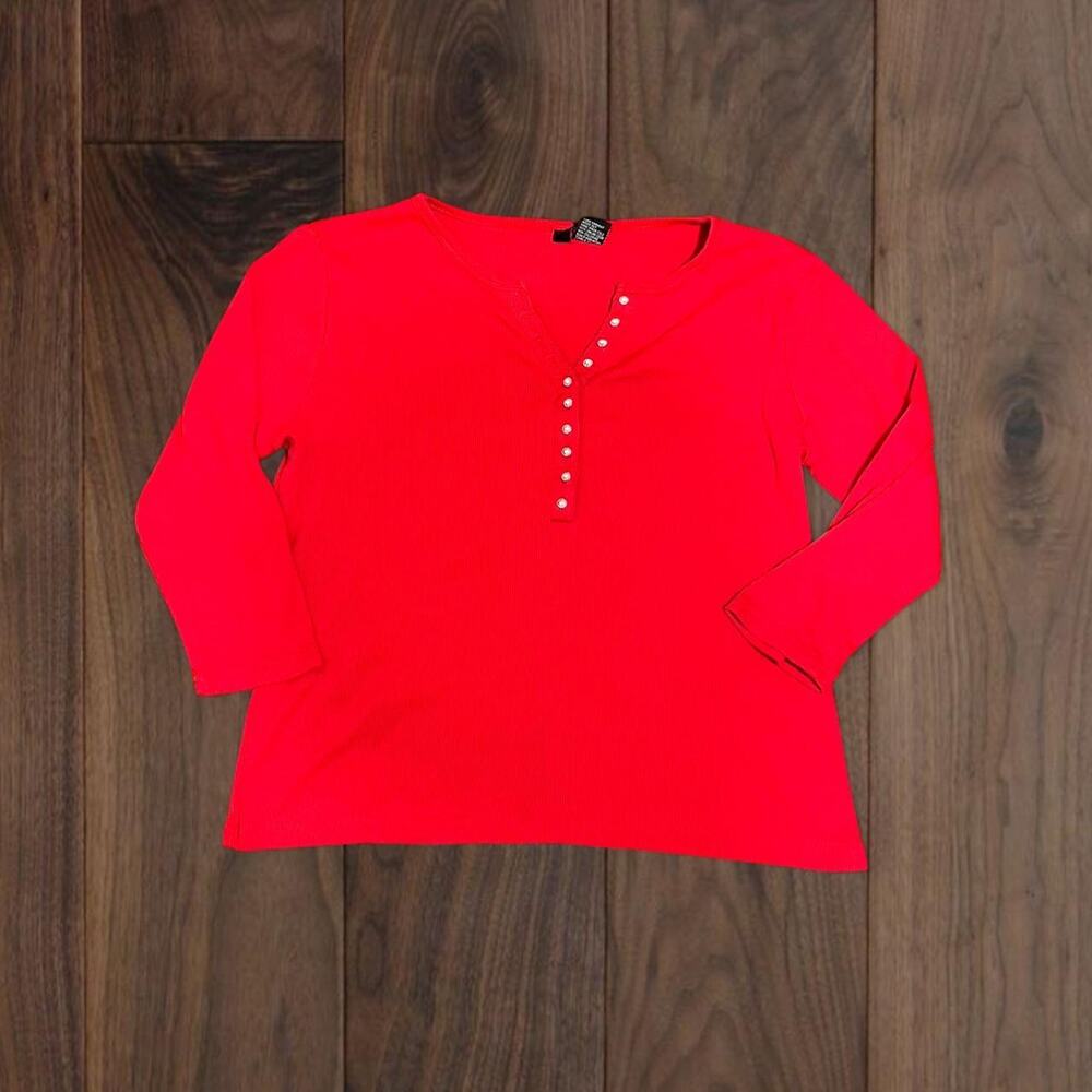 Y2k 2000s red henley top with silver gem stones as buttons